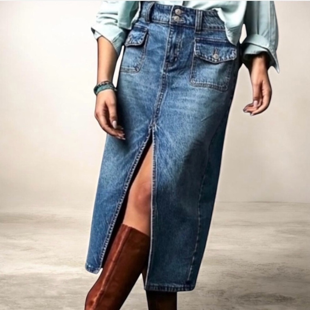 Free People We The Free Madison Denim Midi Skirt Size 32 Front Split Cowgirl